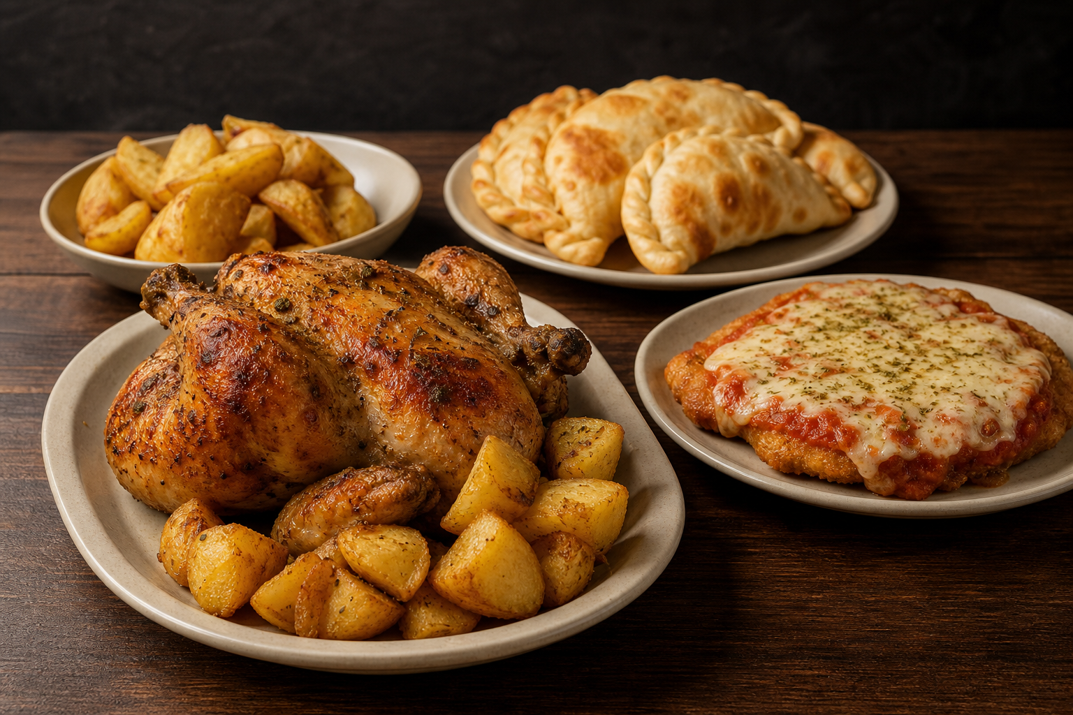Pollo al horno con papas, empanadas criollas y milanesa napolitana